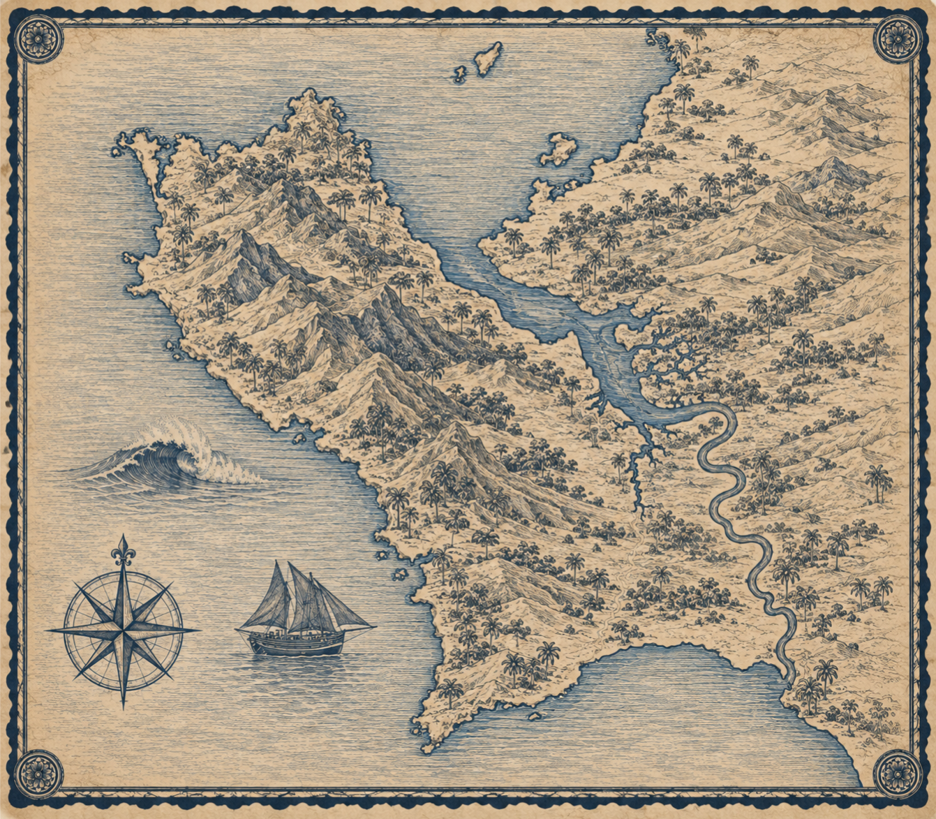Illustrated navy-and-parchment map of Sierra Leone, in the style of an antique nautical chart.