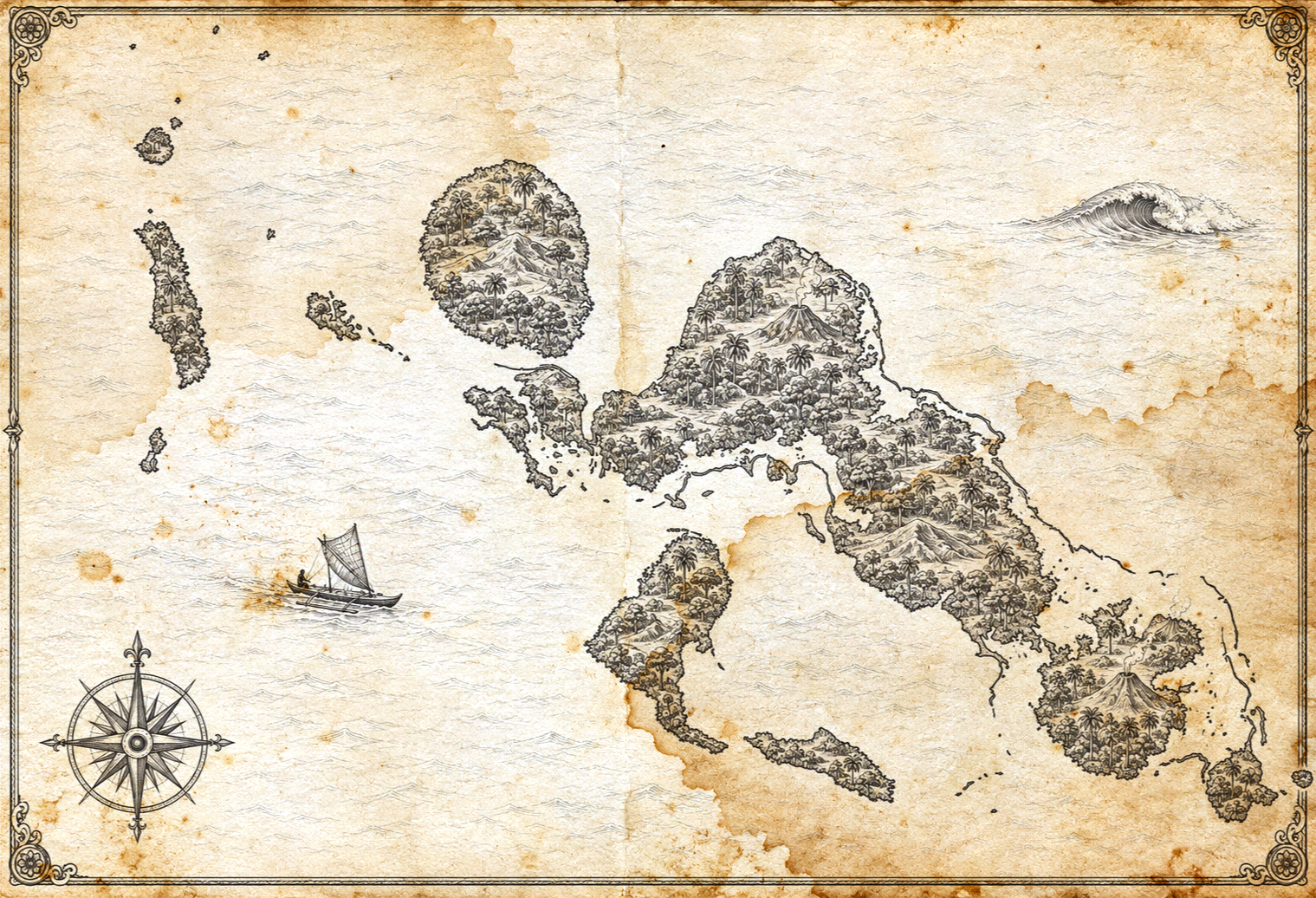 Illustrated map of the Solomon Islands, in the style of an antique nautical chart.