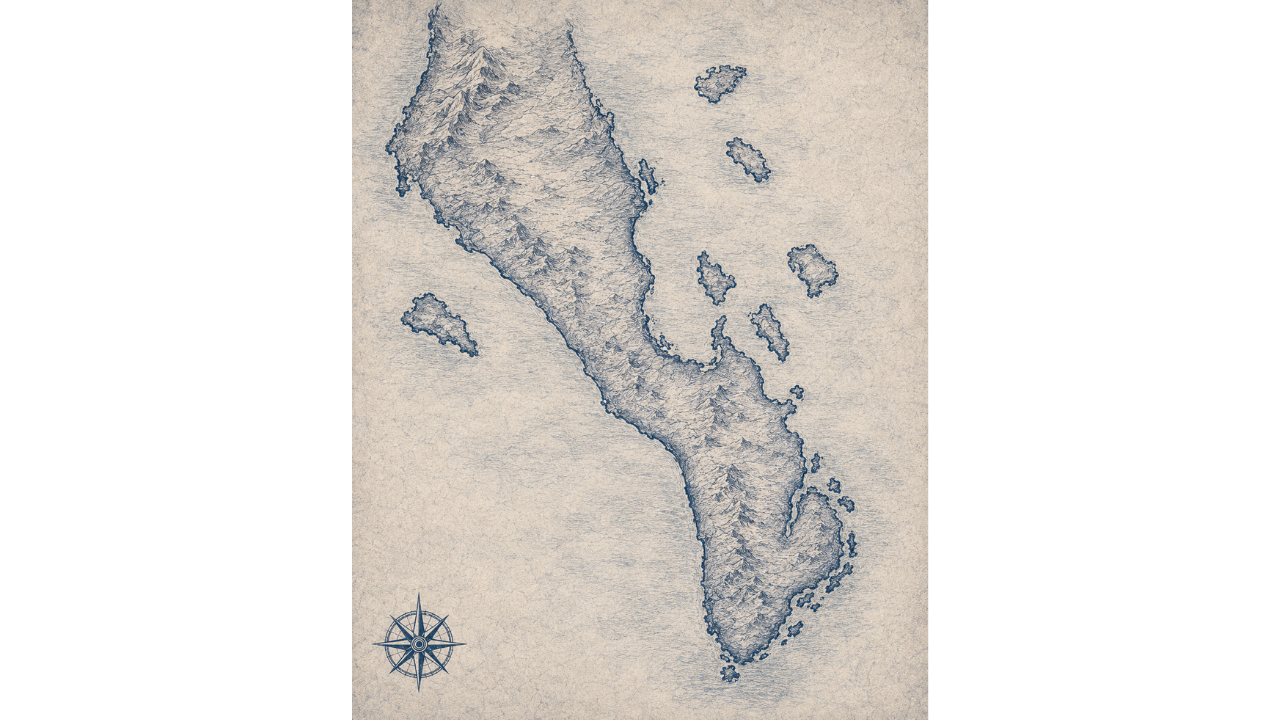 Illustrated navy-and-parchment map of Southern Baja California Sur, in the style of an antique nautical chart.