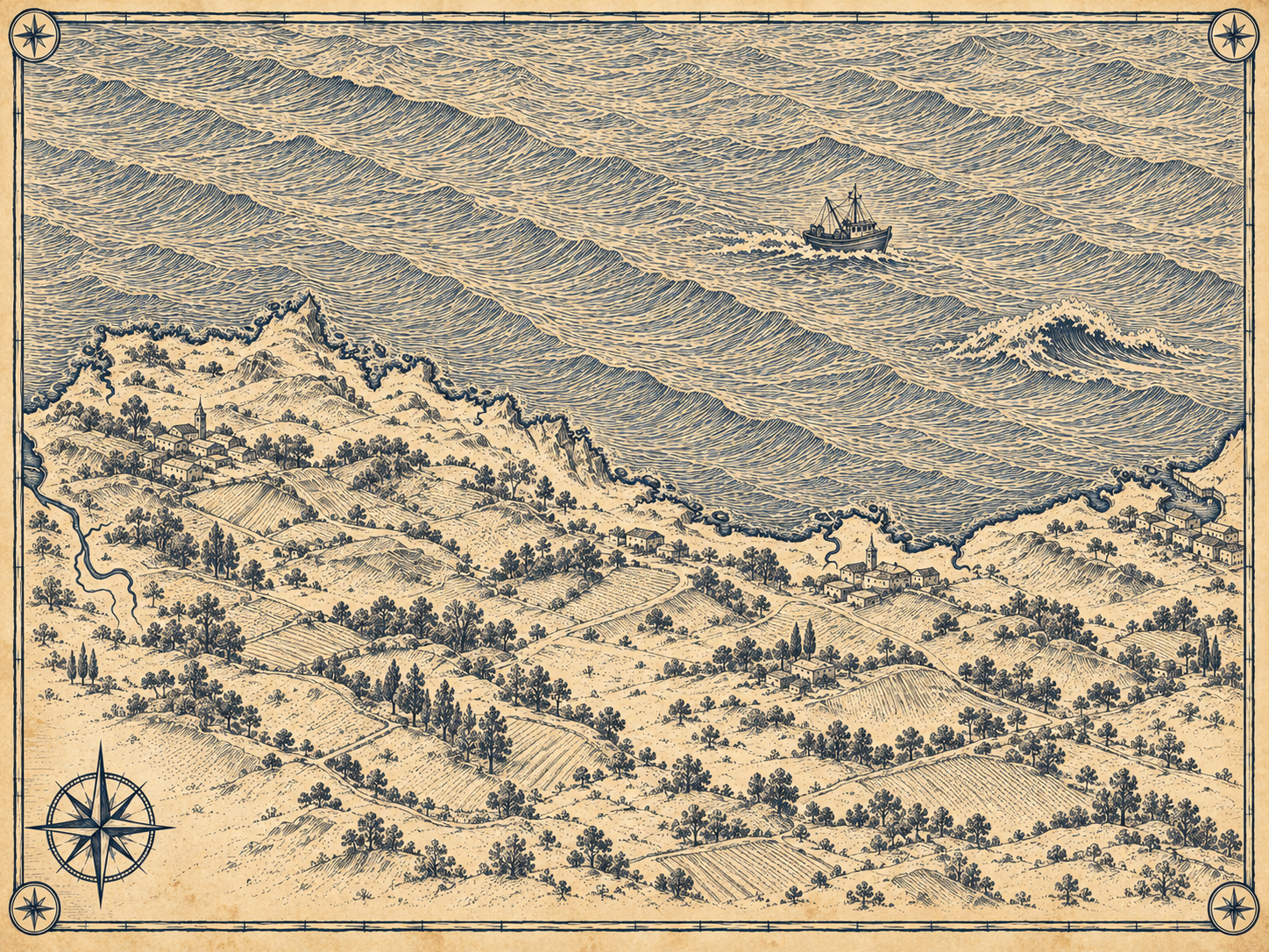 Illustrated ink-on-parchment map of the Spanish Basque coast, in the style of an antique nautical chart.