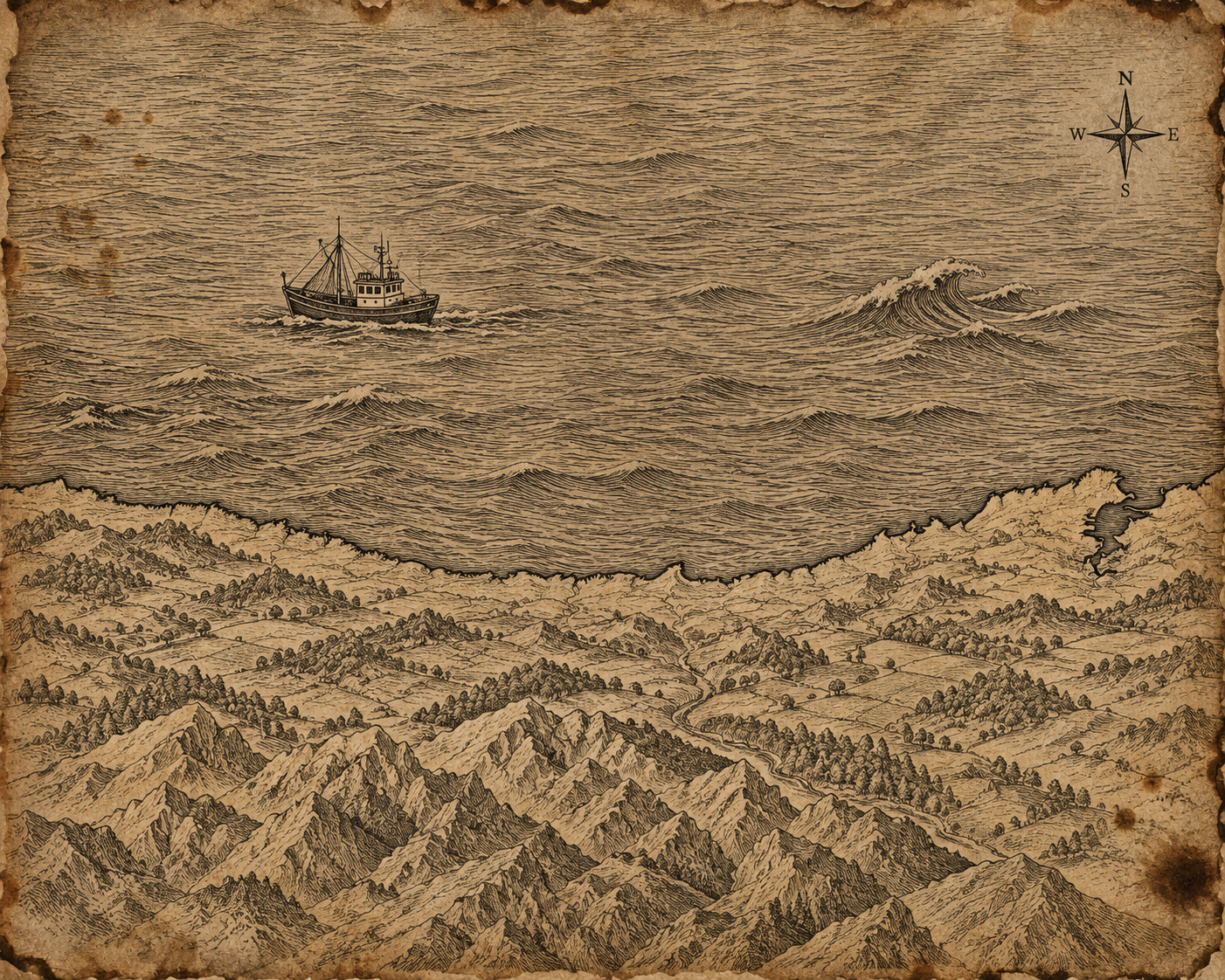 Illustrated ink-on-parchment map of the Cantabria and Asturias coast, in the style of an antique nautical chart.