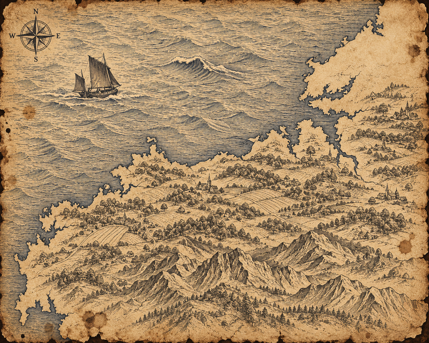 Illustrated ink-on-parchment map of the Galicia coast, in the style of an antique nautical chart.