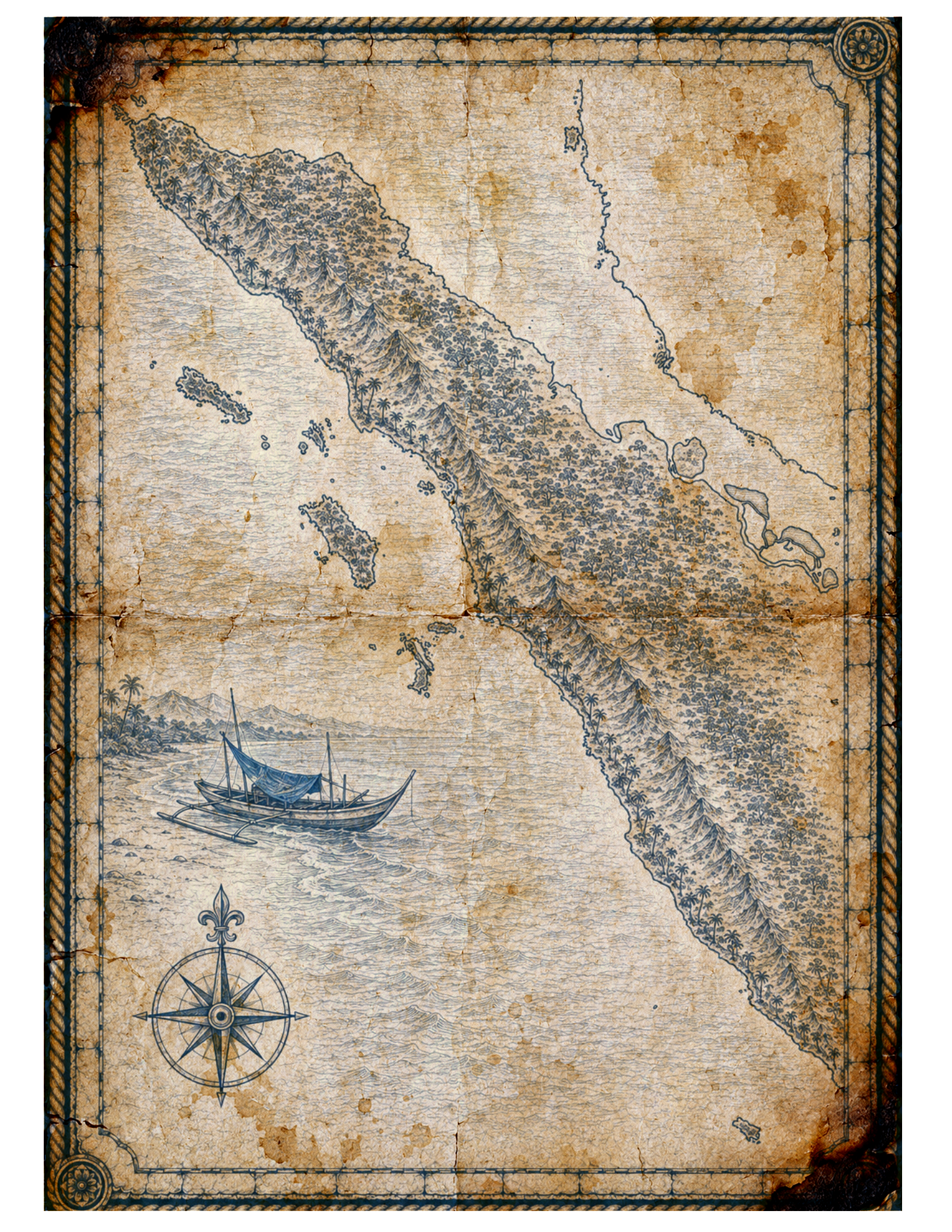 Illustrated navy-and-parchment map of Sumatra, in the style of an antique nautical chart.