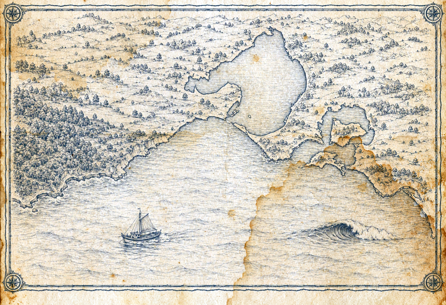 Illustrated map of the Surf Coast and Phillip Island, in the style of an antique nautical chart.