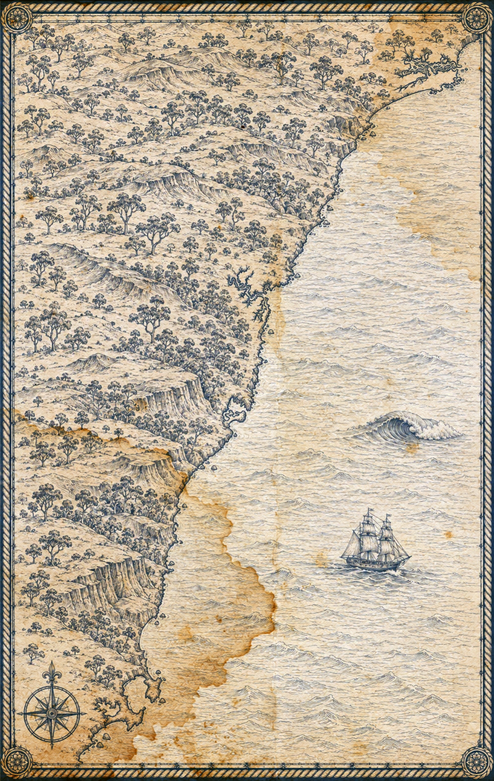 Illustrated map of Sydney and the South Coast, in the style of an antique nautical chart.
