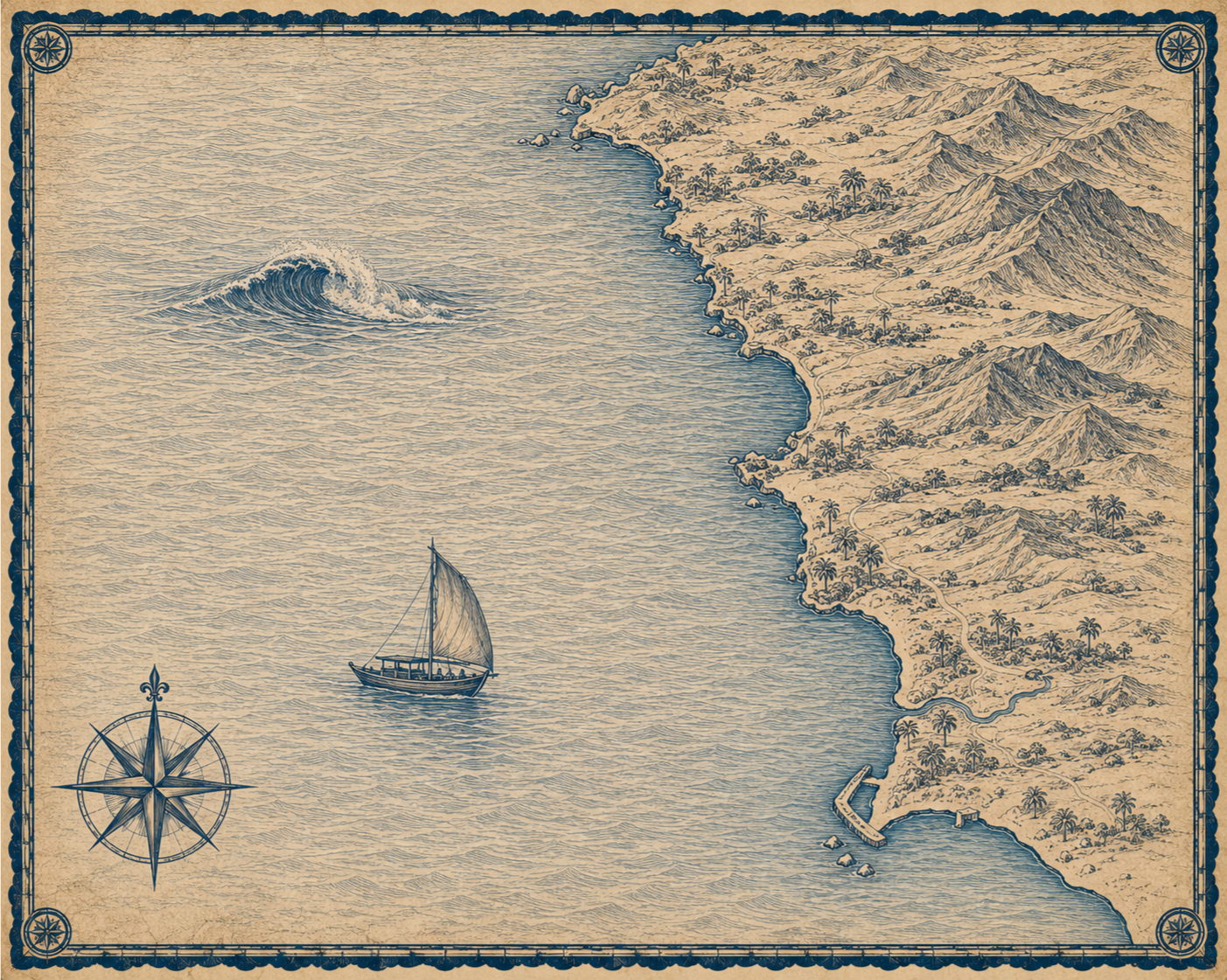 Illustrated navy-and-parchment map of Taghazout Agadir, in the style of an antique nautical chart.