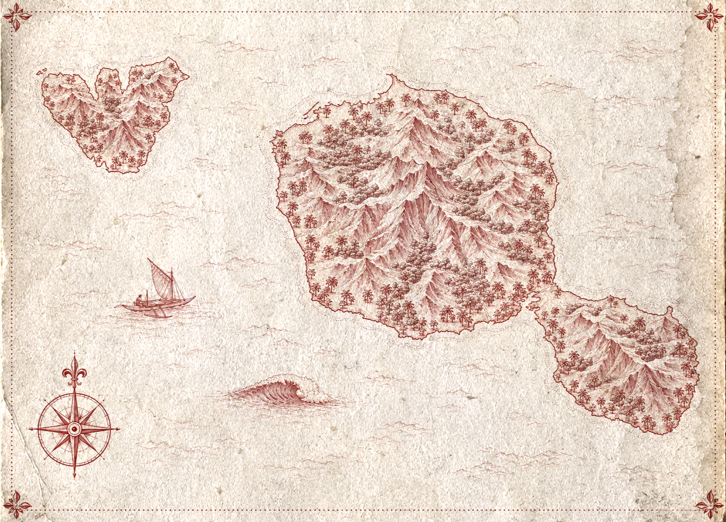 Illustrated map of Tahiti and Moorea, in the style of an antique nautical chart.