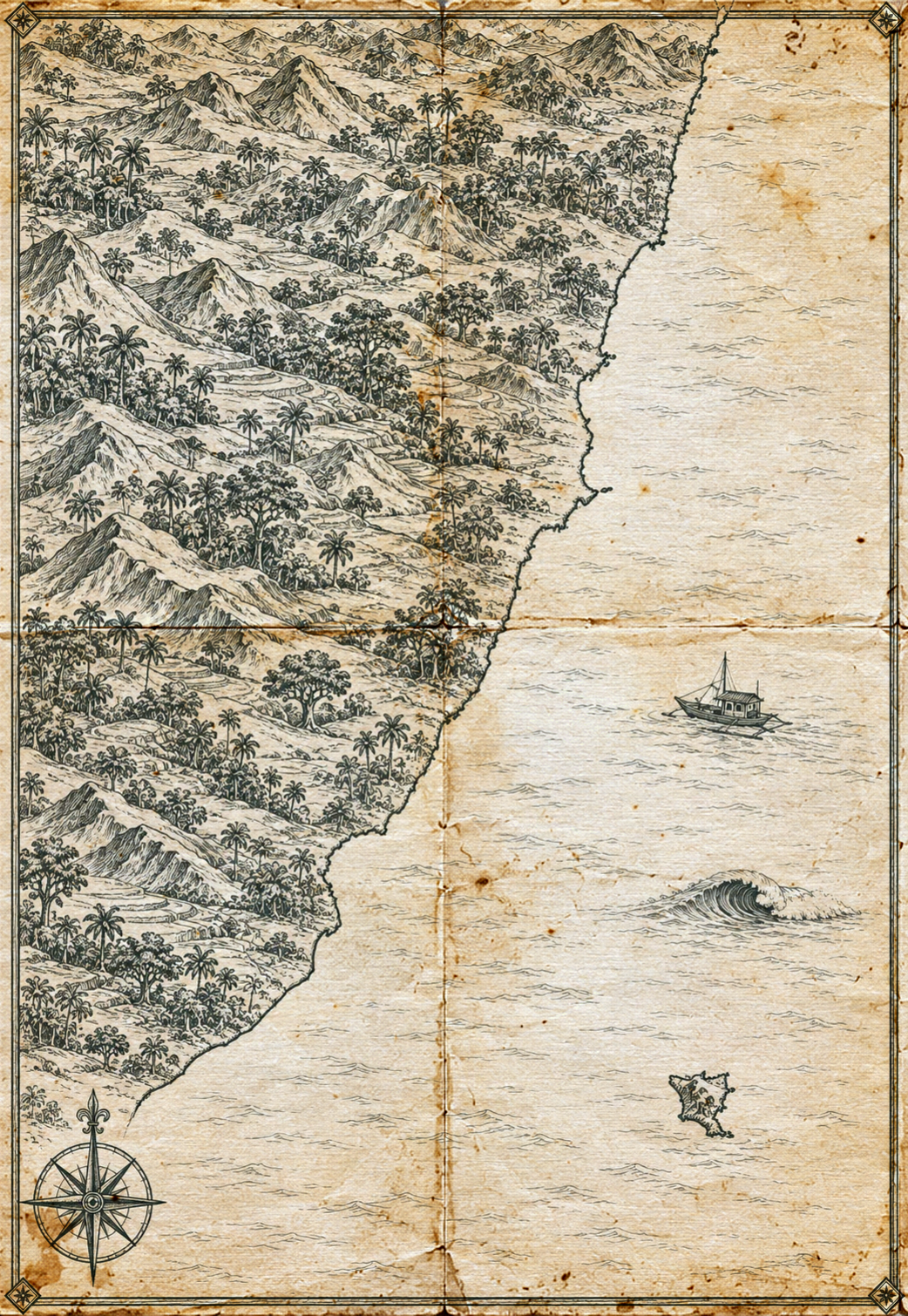Illustrated map of Taiwan's east coast, in the style of an antique nautical chart.