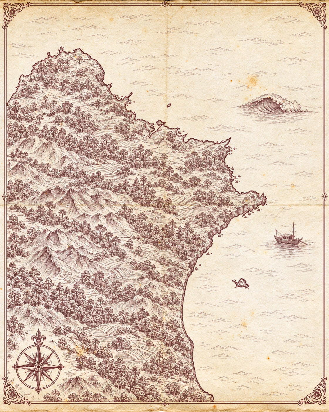 Illustrated map of Taiwan's northeast coast, in the style of an antique nautical chart.