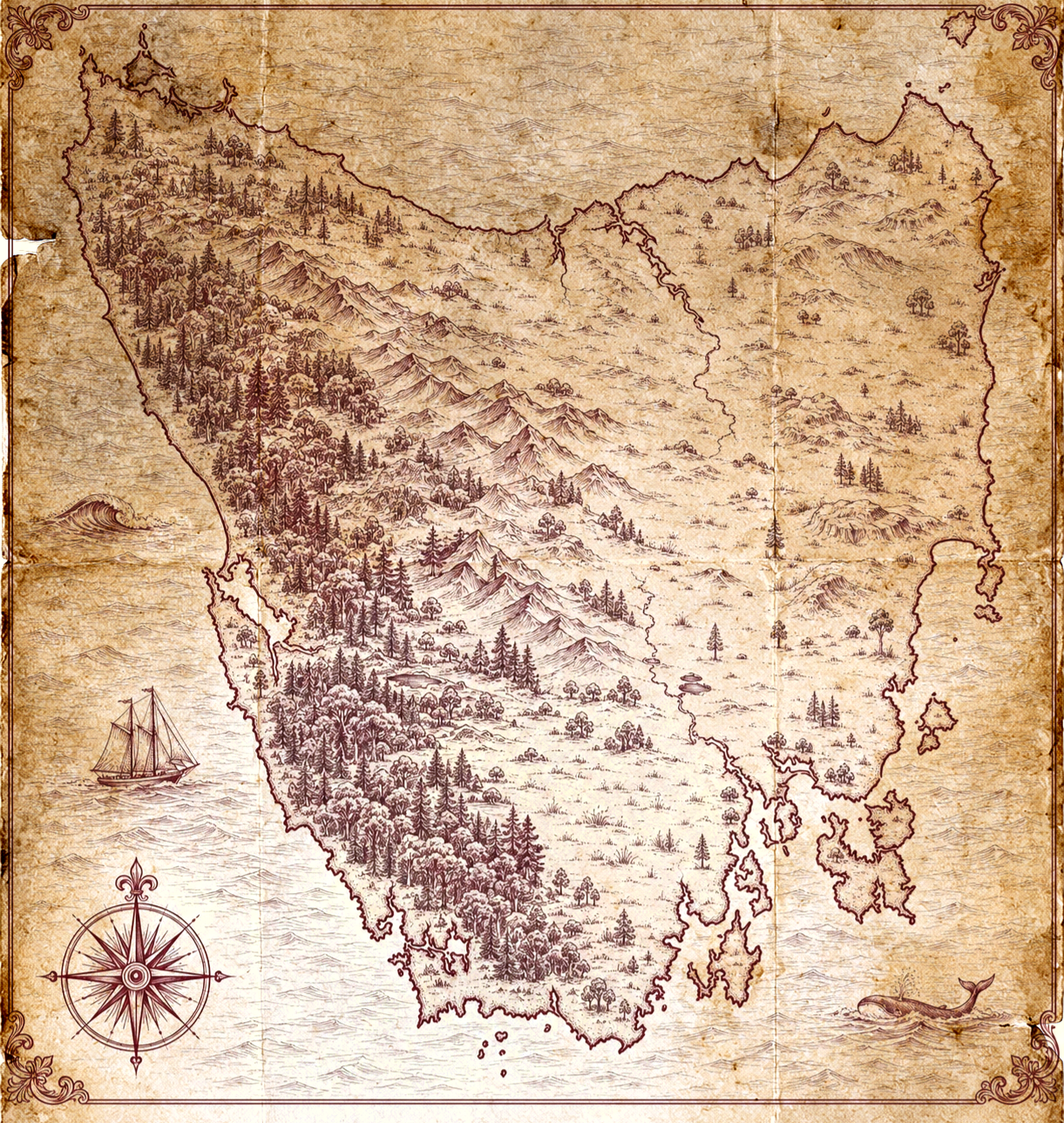 Illustrated map of Tasmania, in the style of an antique nautical chart.