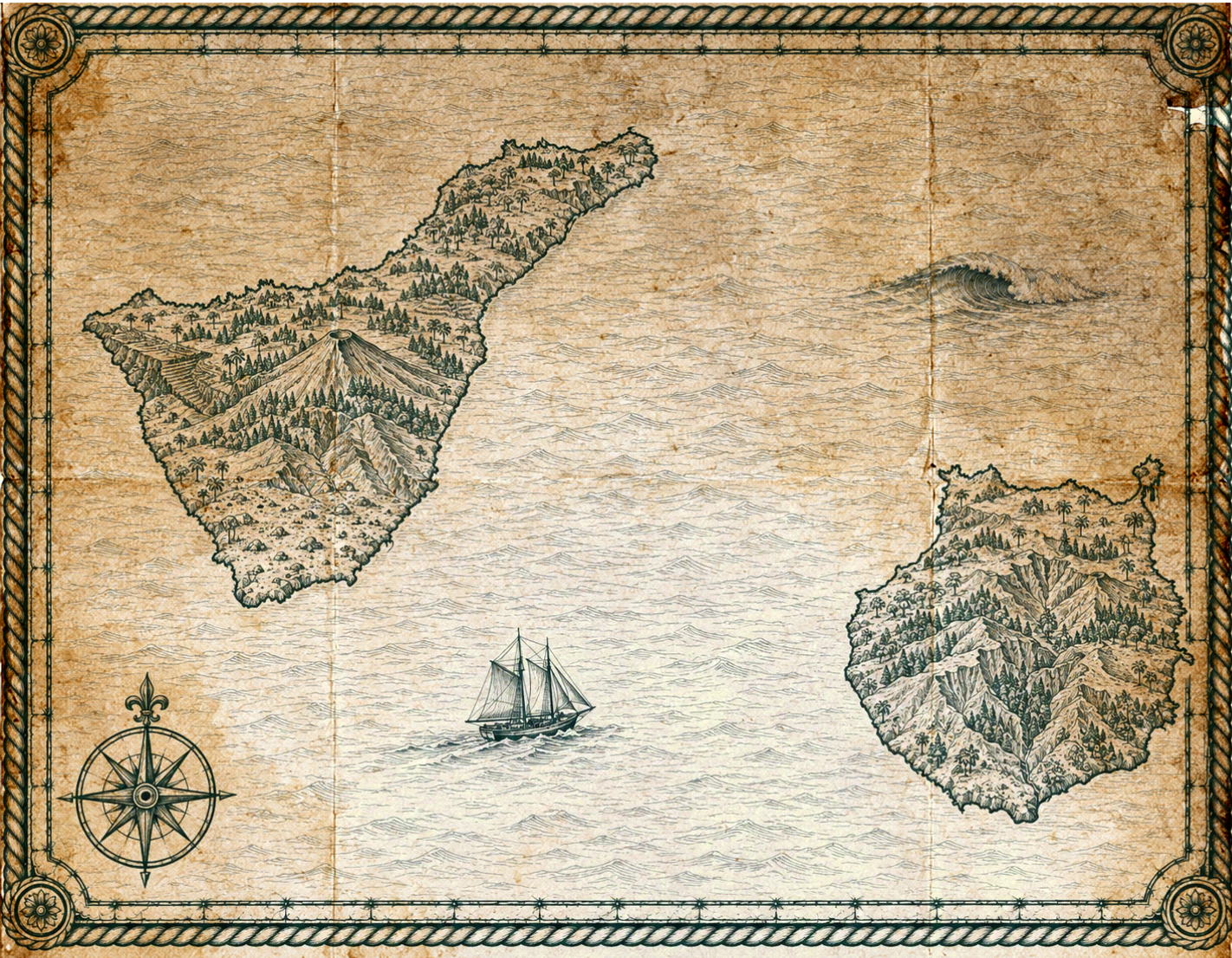 Illustrated map of Tenerife and Gran Canaria, in the style of an antique nautical chart.