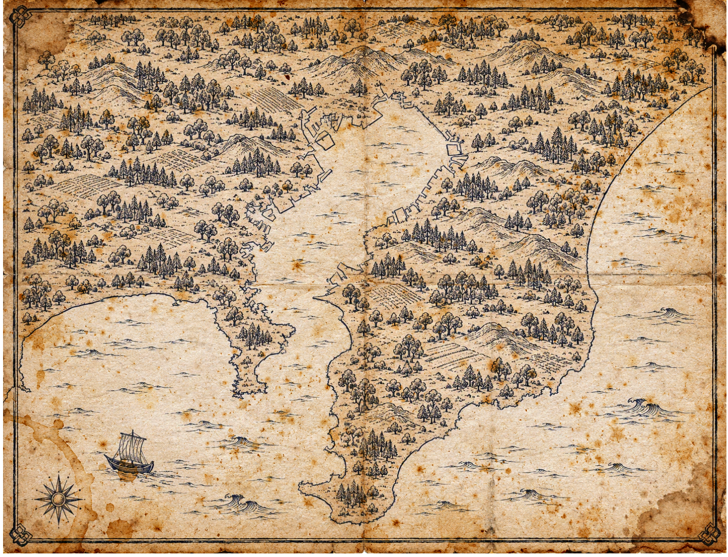 Illustrated map of the Tokyo coast, in the style of an antique nautical chart.