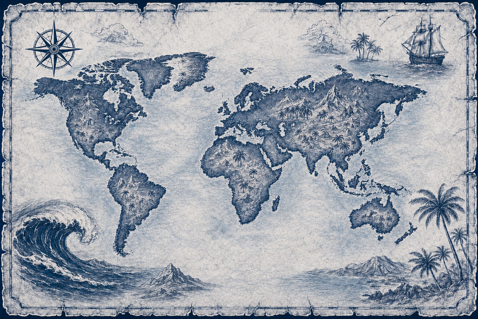 Illustrated navy-and-parchment treasure map of the world, in the style of an antique nautical chart.