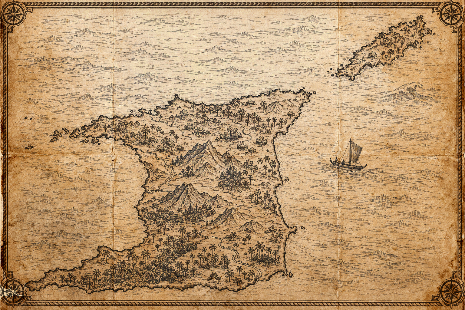 Illustrated sepia-ink map of Trinidad and Tobago, in the style of an antique nautical chart.
