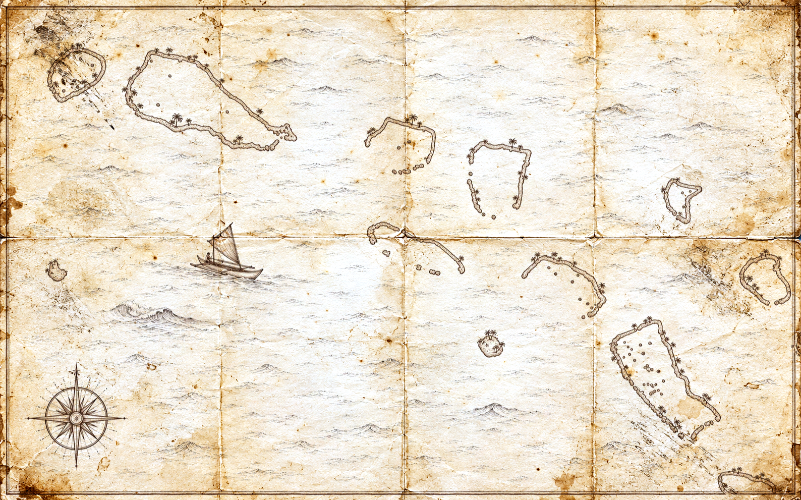 Illustrated map of the Tuamotu Atolls, in the style of an antique nautical chart.