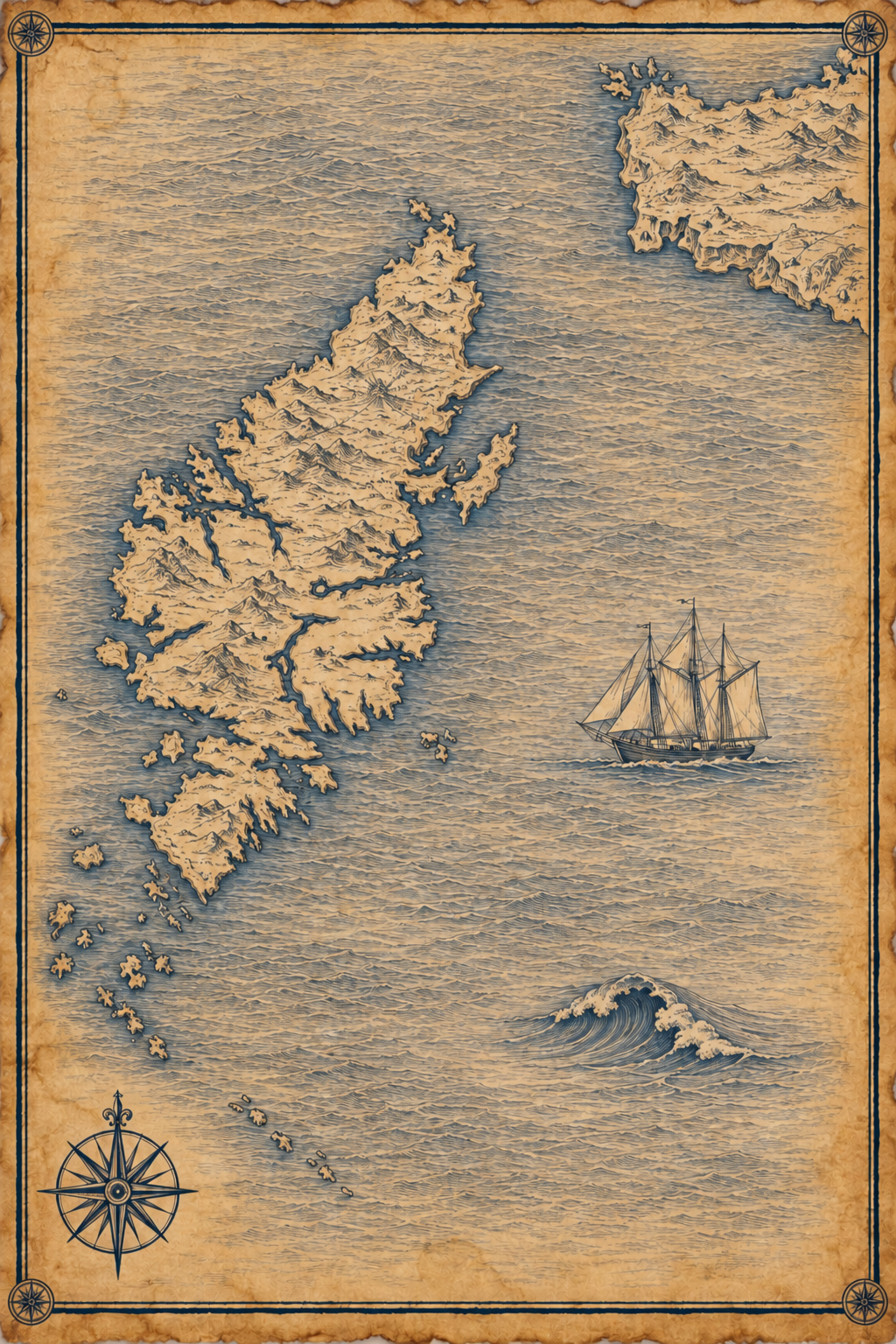 Illustrated ink-on-parchment map of far north Scotland and the Outer Hebrides, in the style of an antique nautical chart.