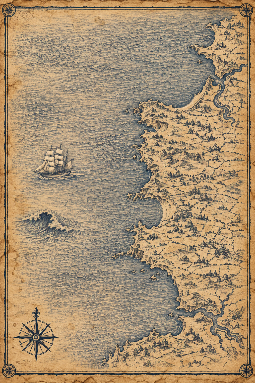 Illustrated ink-on-parchment map of the North Devon and North Cornwall coast, in the style of an antique nautical chart.
