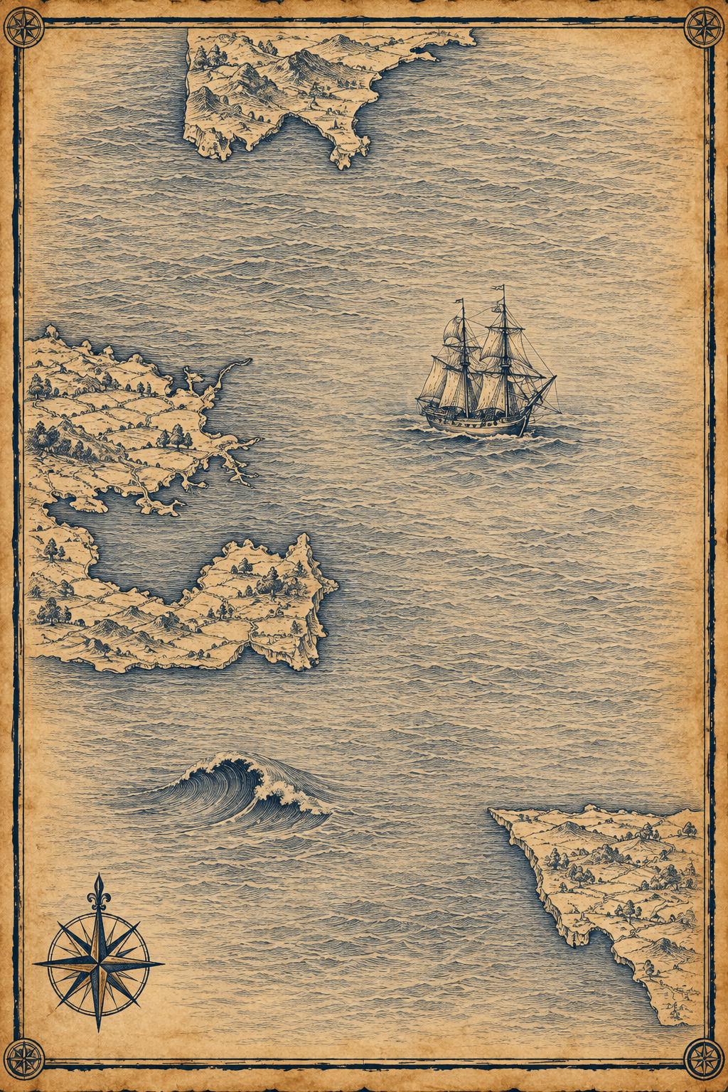 Illustrated ink-on-parchment map of three separate stretches of the Welsh coast, in the style of an antique nautical chart.