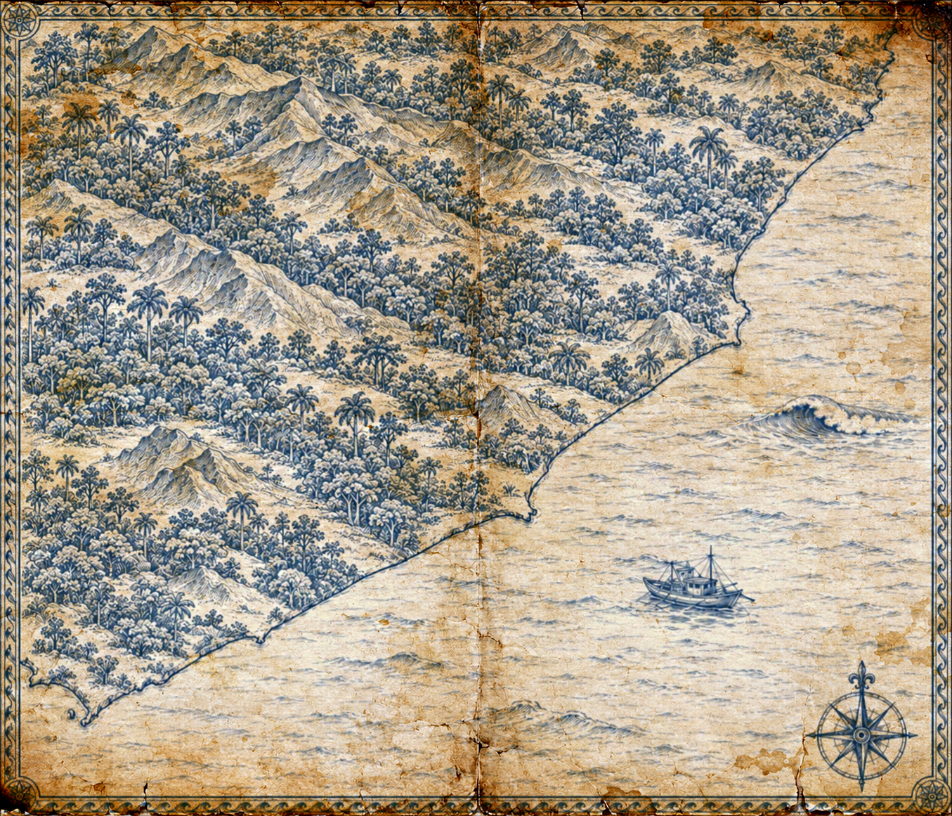 Illustrated slate-blue-ink map of Uruguay's Atlantic coast, in the style of an antique nautical chart.