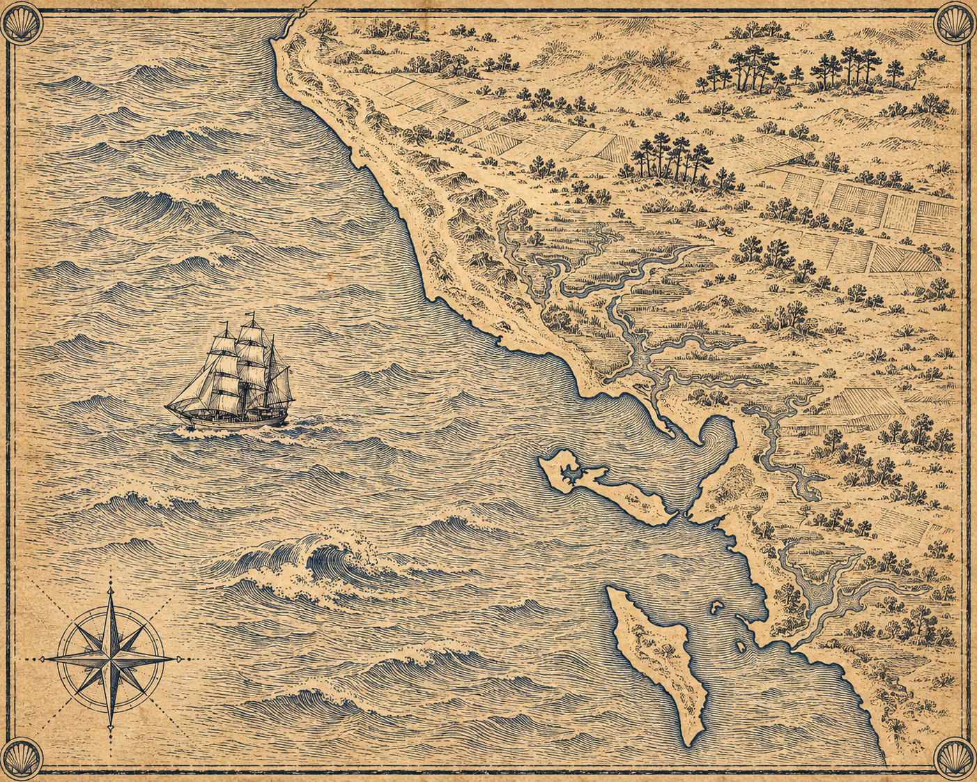 Illustrated navy-and-parchment map of the Vendée and Charente-Maritime coast, in the style of an antique nautical chart.