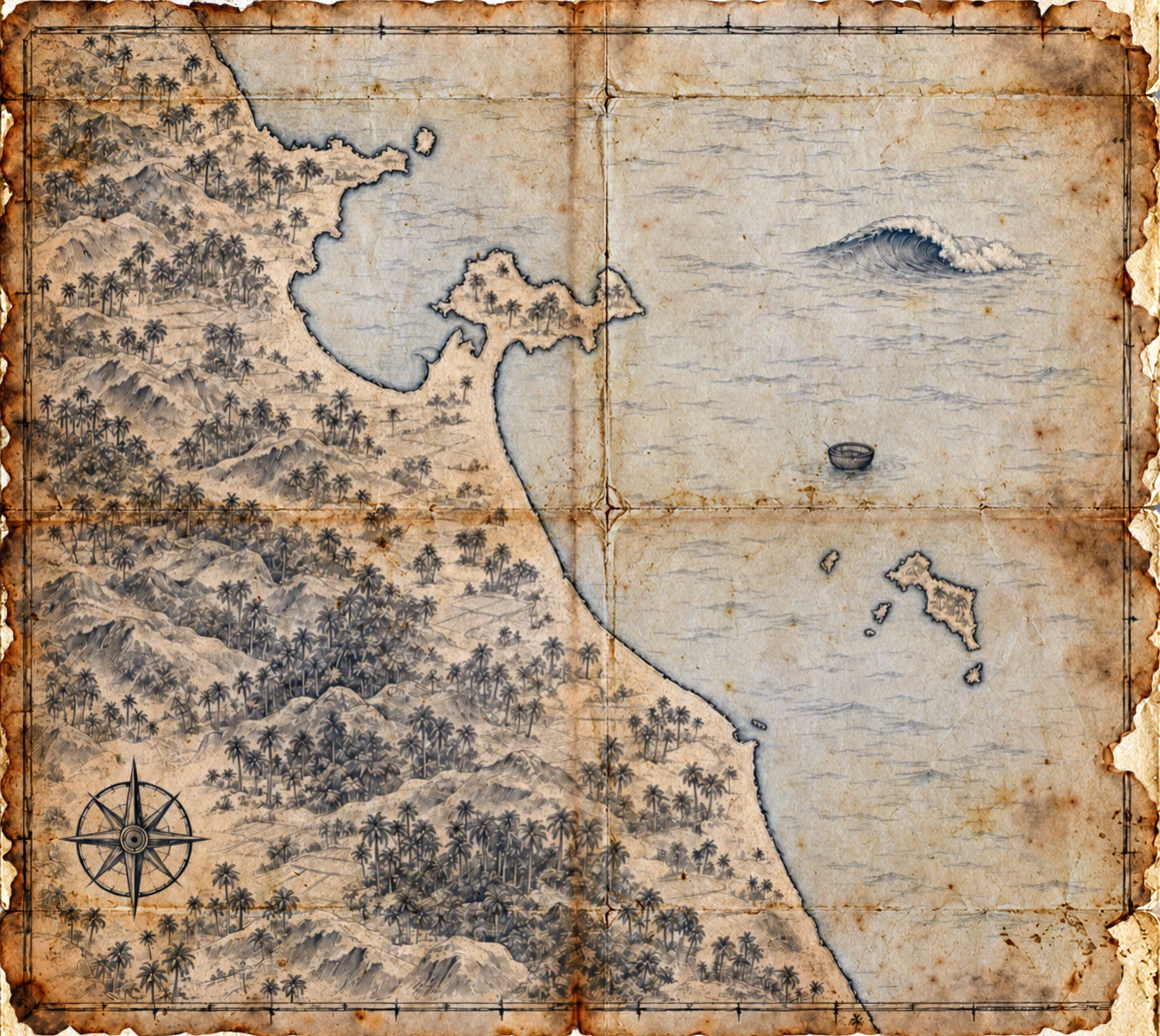 Illustrated map of Vietnam's central coast, in the style of an antique nautical chart.