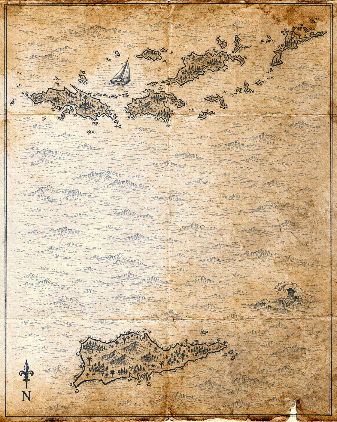 Illustrated ink map of the Virgin Islands, in the style of an antique nautical chart.