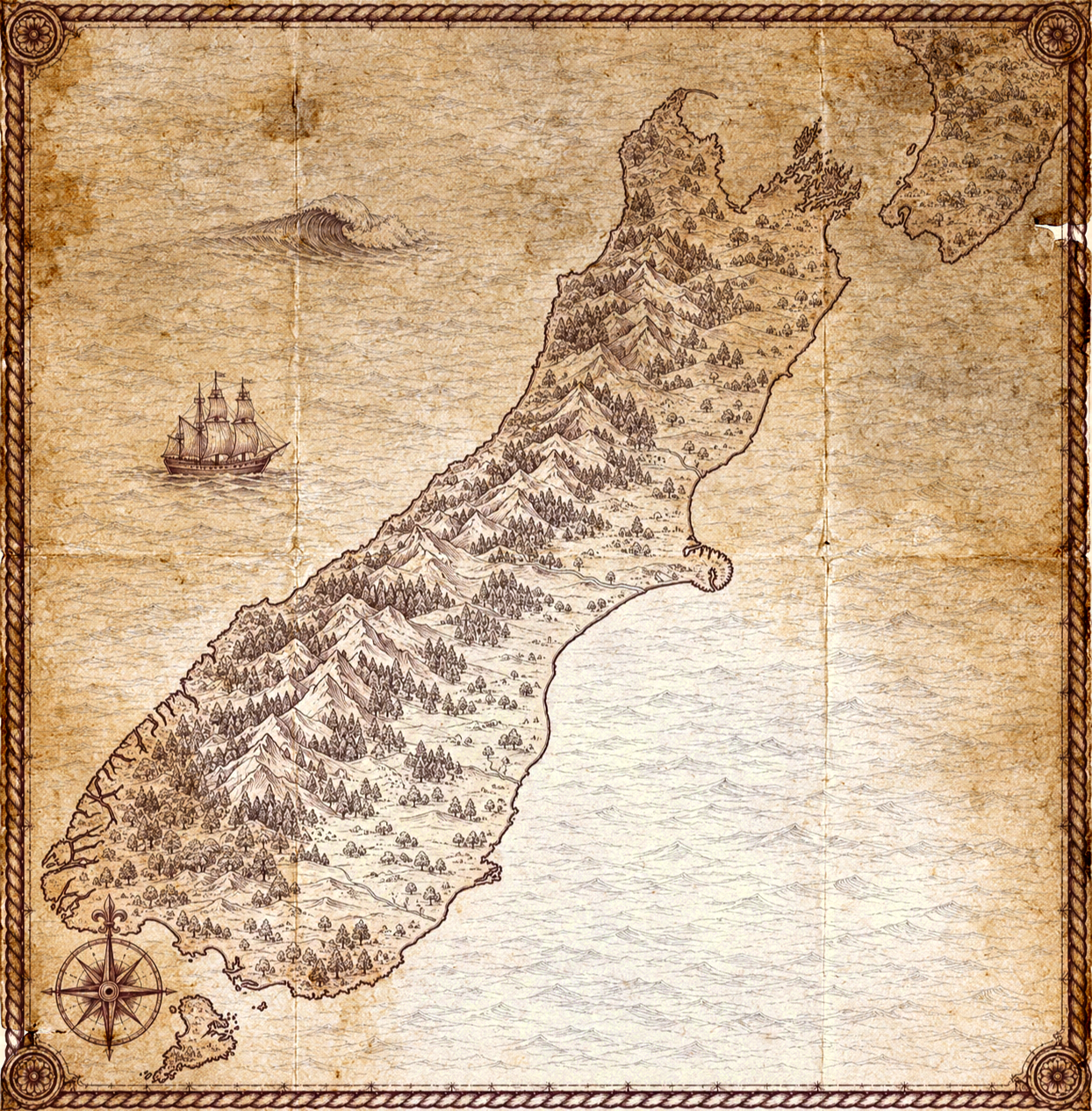 Illustrated map of Wellington and the South Island, in the style of an antique nautical chart.