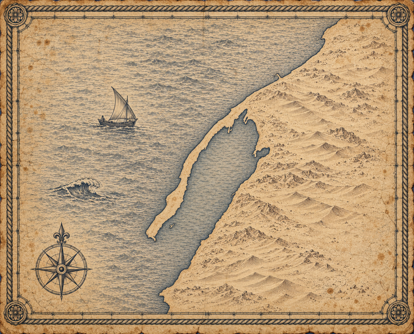 Illustrated navy-and-parchment map of Western Sahara Dakhla, in the style of an antique nautical chart.