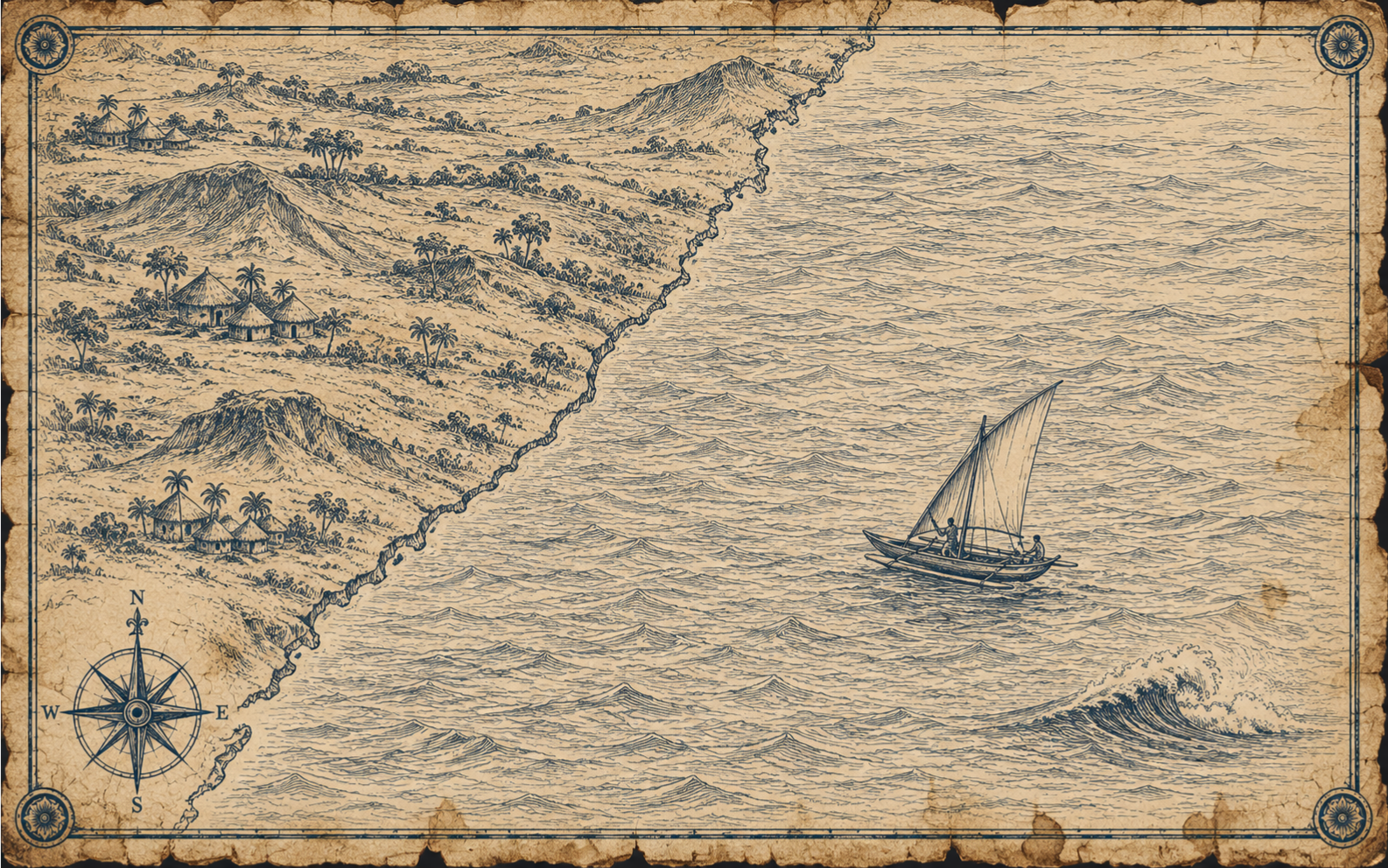 Illustrated navy-and-parchment map of Wild Coast, in the style of an antique nautical chart.