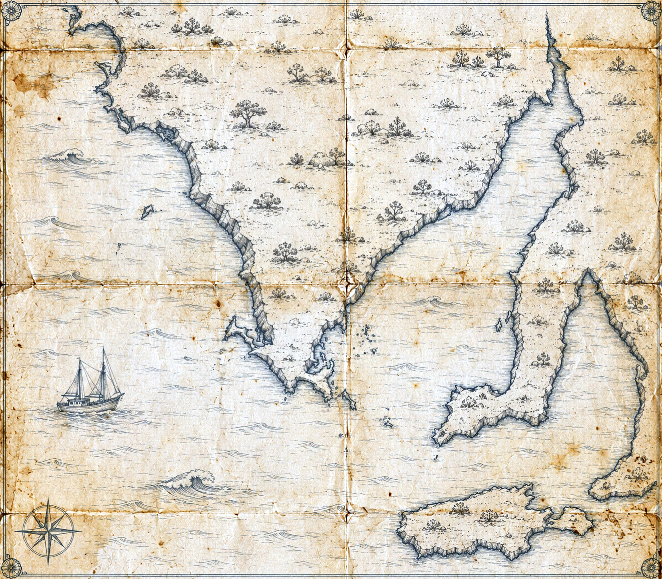 Illustrated map of the Yorke and Eyre Peninsulas, in the style of an antique nautical chart.