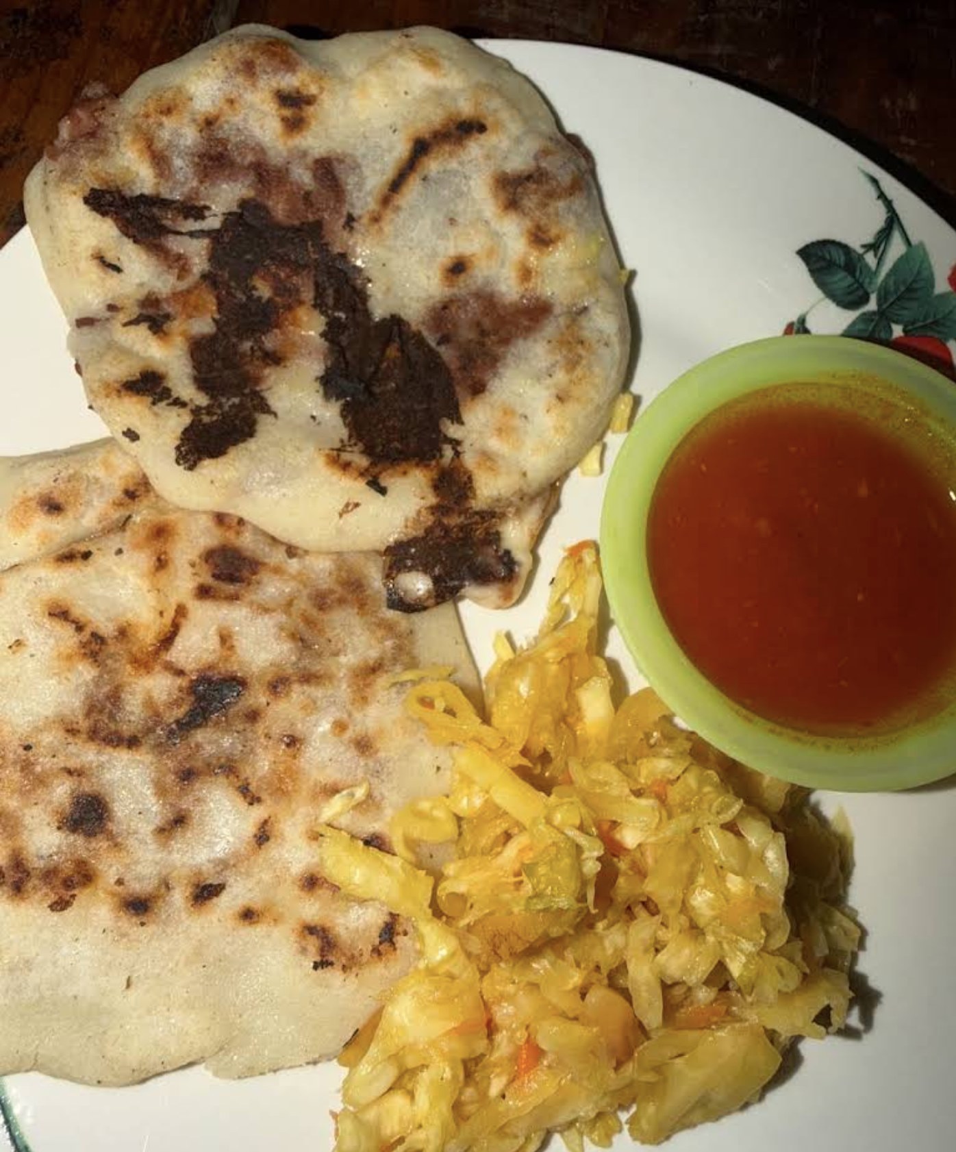 Pupusas with curtido and salsa roja at La Cocina de Lili
